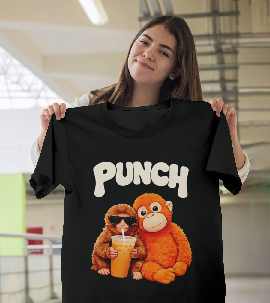 PUNCH Brown Monkey With Orange Plush And Iced Drink T-Shirt
