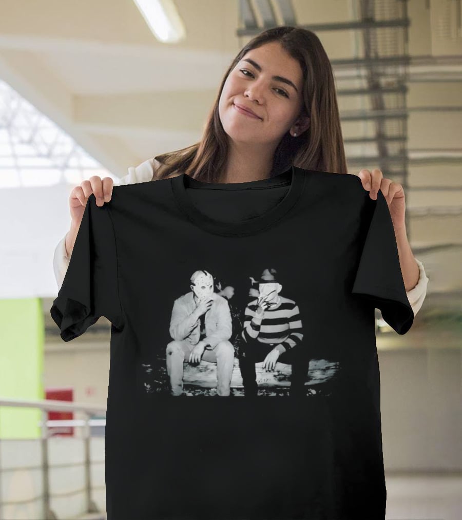 Jason Voorhees Freddy Krueger Smoking On Log Retro Horror Movie T-Shirt