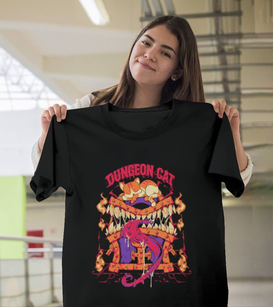 Dungeon Cat Sleeping On Monstrous Chest Surrounded By Flames And Tentacles T-Shirt