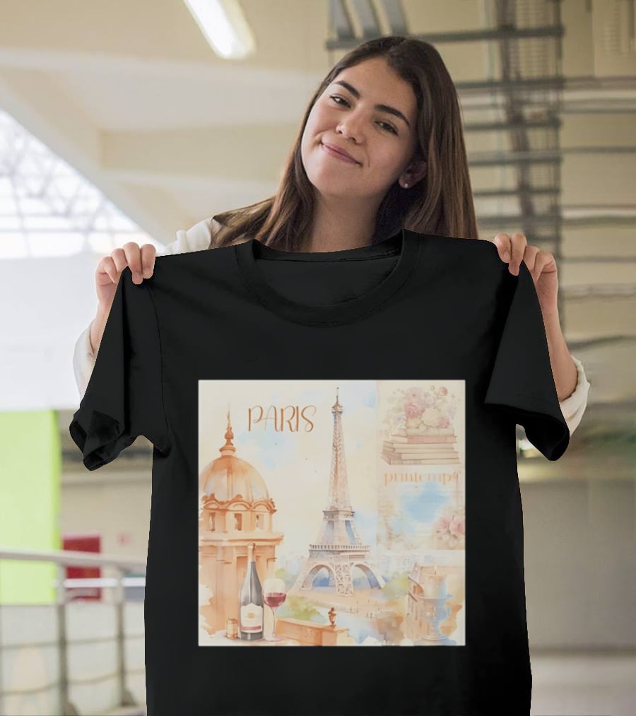 Paris Printemps Eiffel Tower Wine Flowers Books T-Shirt