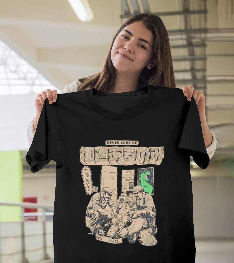 Mario Luigi Never Give Up Japanese Text Kart Fixing Brothers T-Shirt