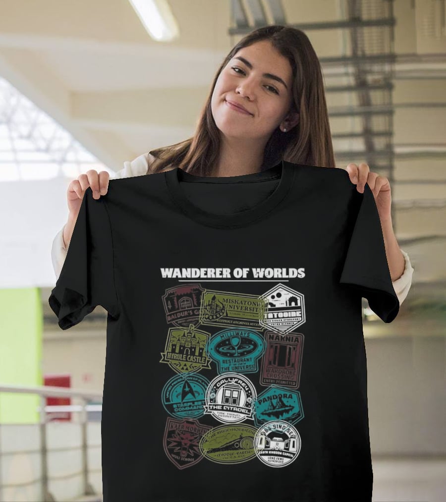 Wanderer Of Worlds Travelers Interdimensional Passport Stamps Portal Adventures T-Shirt