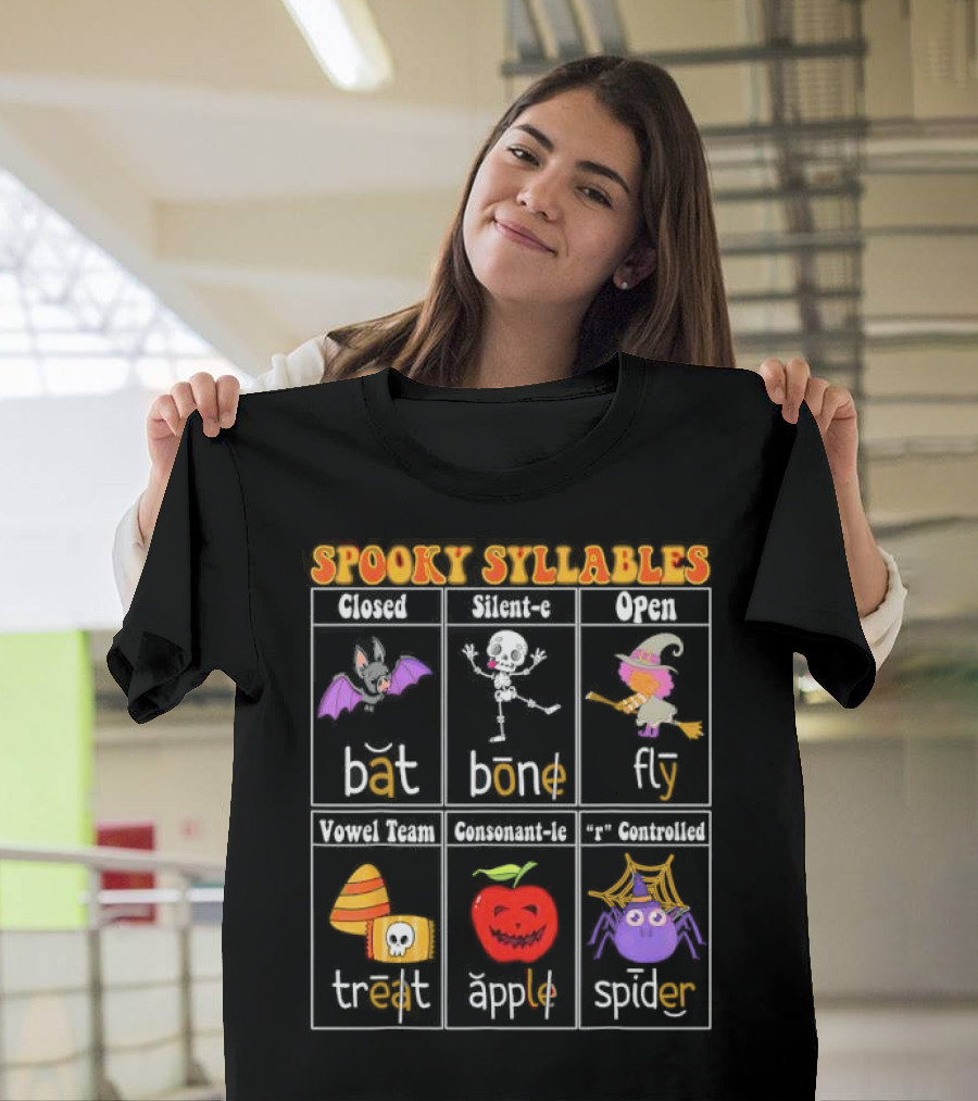 Spooky Syllables Bat Bone Fly Trick Treat Apple Spider Halloween Educational Teacher T-Shirt