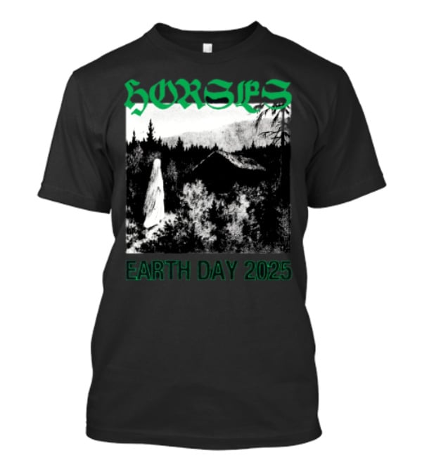 Horses Earth Day 2025 Ghostly Forest Cabin Scene T-Shirt