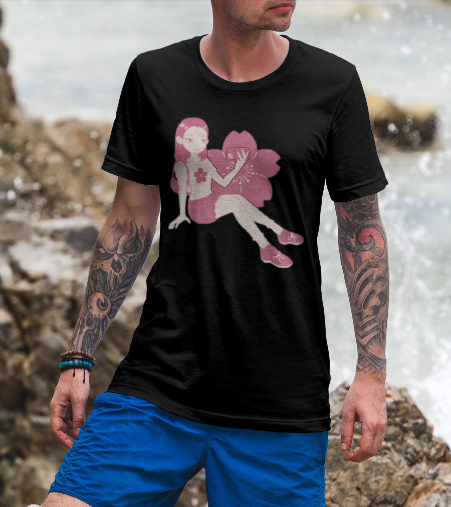Mandys Brown Anime Style Girl Sakura Blossom Pattern T-Shirt
