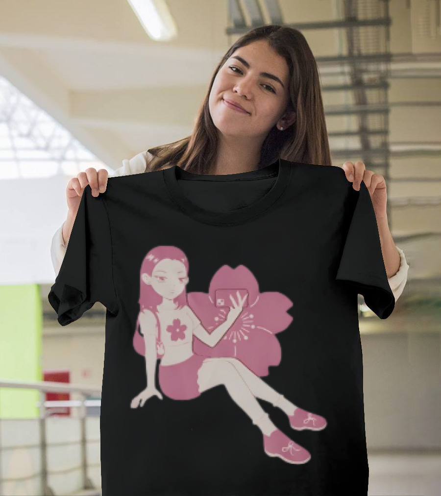 Mandys Brown Anime Style Girl Sakura Blossom Pattern T-Shirt