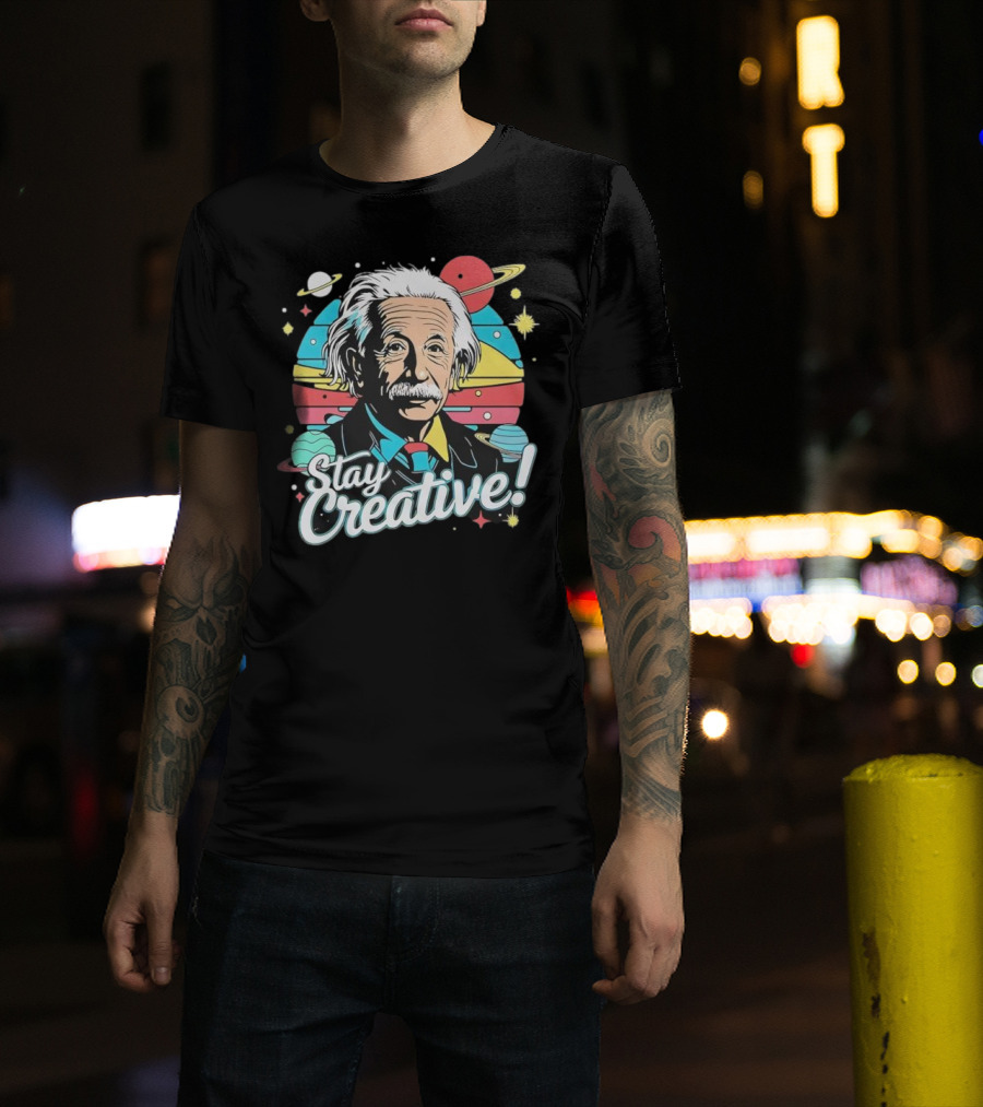 Albert Einstein Stay Creative Vintage Planets Space Theme T-Shirt