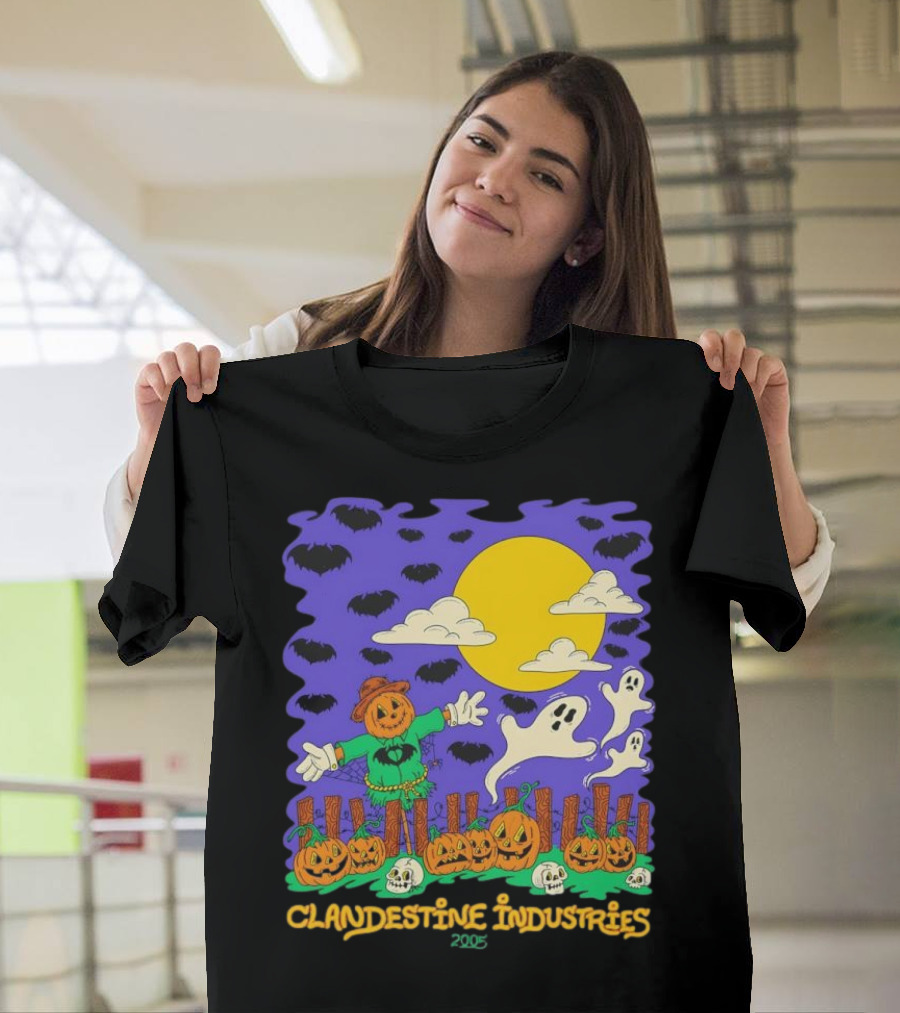 Clandestine Industries 2005 Halloween Scarecrow Ghosts Pumpkins Bats T-Shirt