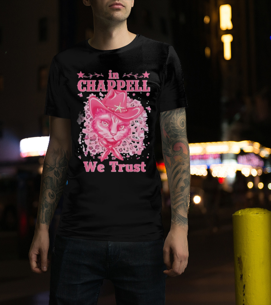 Cute Retro Cat In Chappell We Trust Cowboy Hat Pink Stars T-Shirt