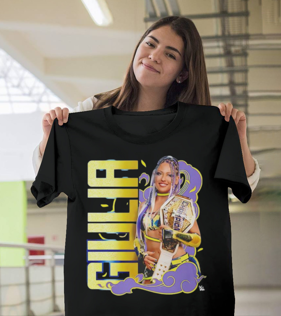 Giulia Smoke Champion Wrestling Character With Belt And Yellow Purple Accents T-Shirt