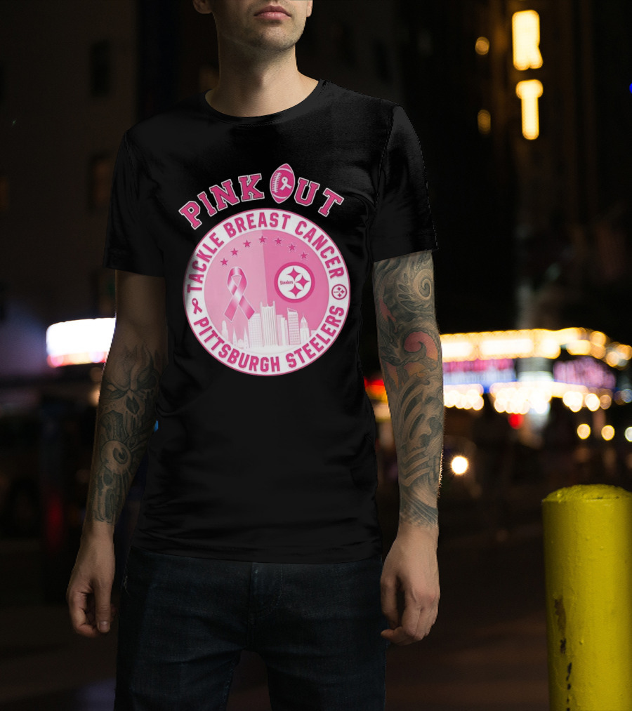 Pink Out Tackle Breast Cancer Pittsburgh Steelers Ribbon Awareness T-Shirt
