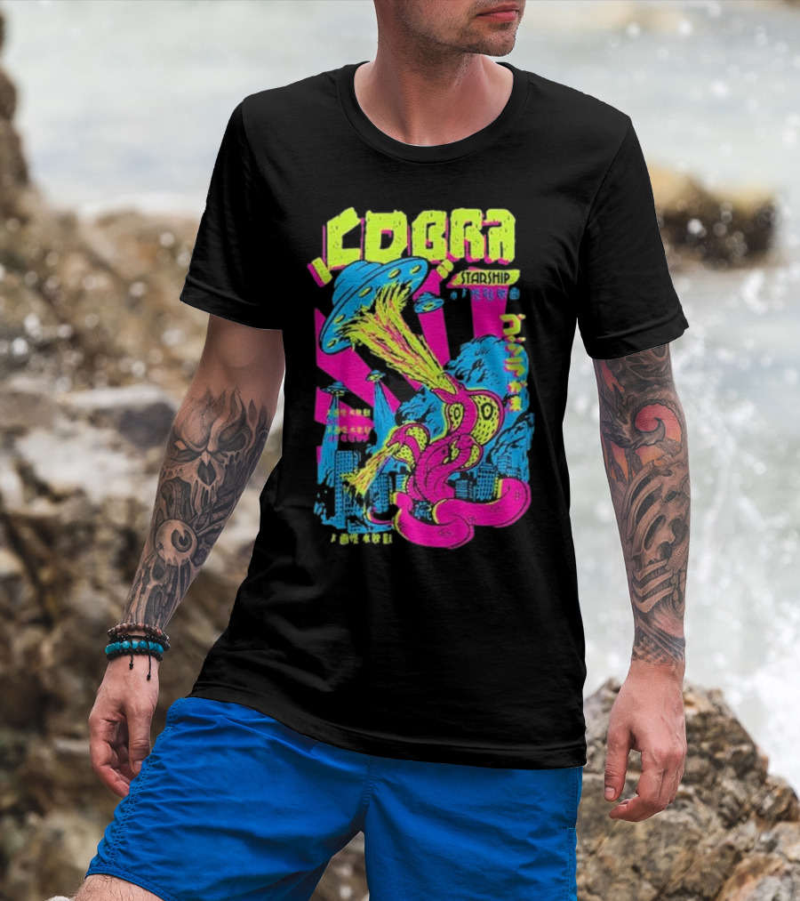 Cobra Starship UFO Fire Breathing City Attack Neon Art T-Shirt