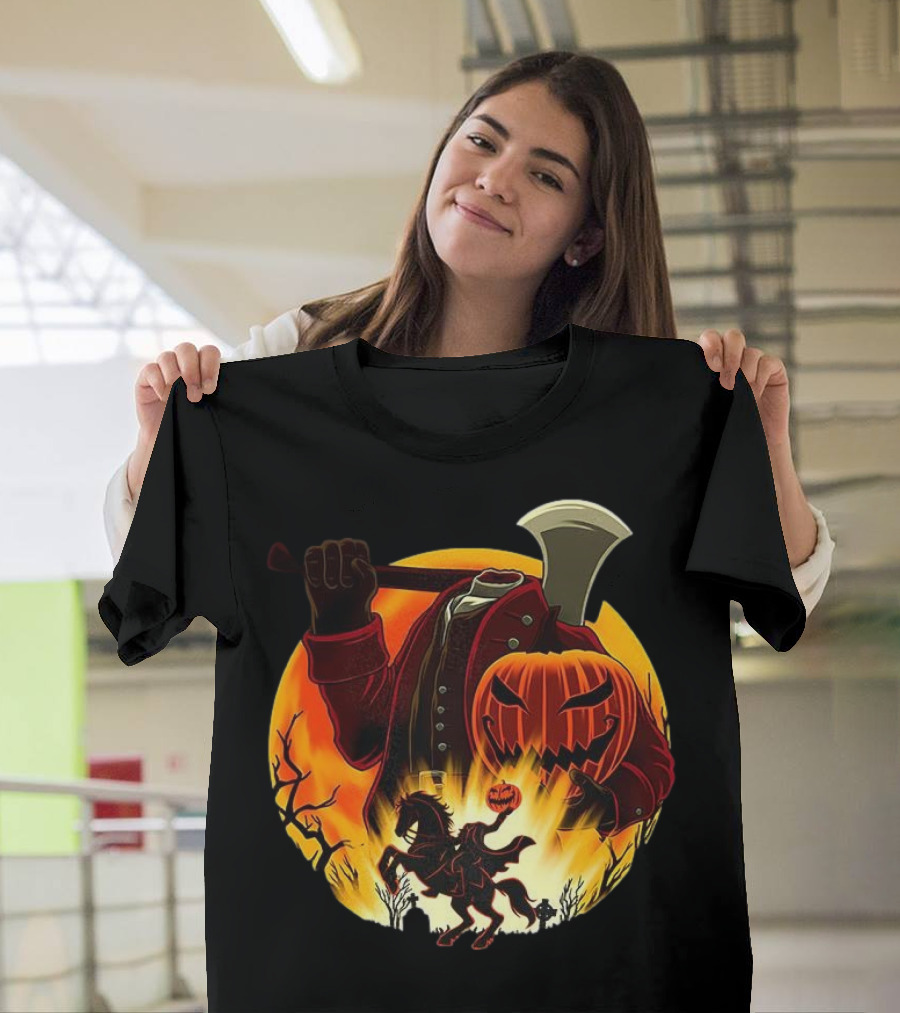 Headless Horseman Galloping Hessian Pumpkin Halloween Axe Rider T-Shirt