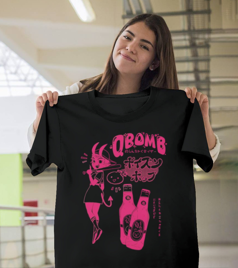 Qbomb Poison Pop Anime Demon Girl Japanese Text Retro Soda Bottles T-Shirt