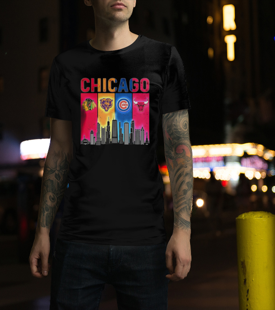 Chicago Blackhawks Bears Cubs Bulls Skyline T-Shirt