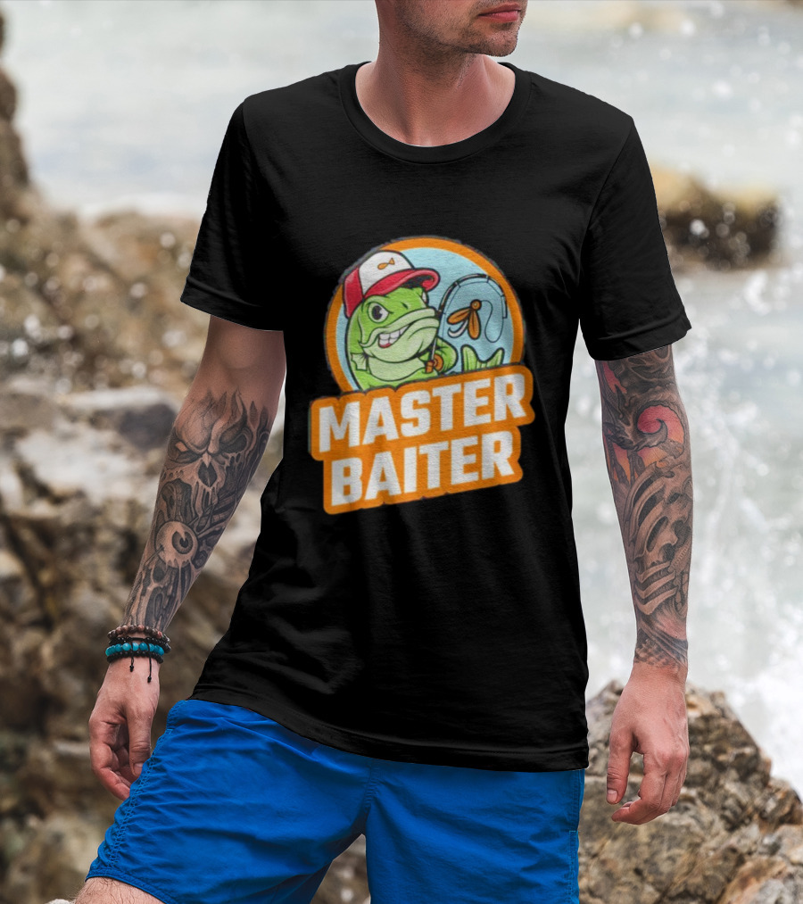Master Baiter Fishing Cartoon Fish With Red Cap And Fishing Rod T-Shirt