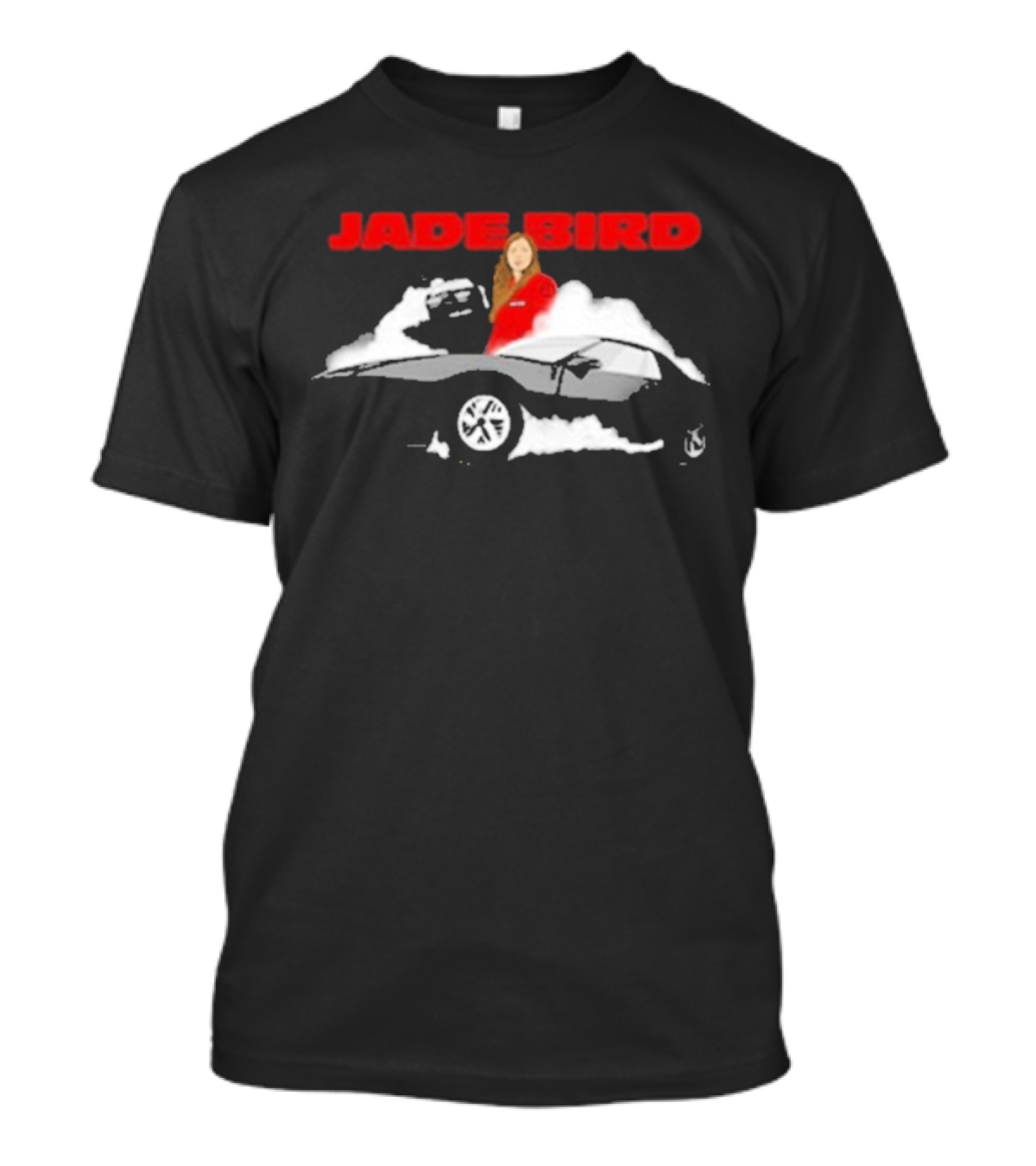 Jade Bird Red Attire Woman With Car And Clouds T-Shirt