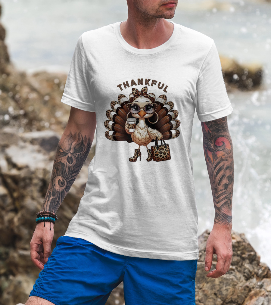 Thankful Leopard Print Turkey Coffee Lover Fashionista T-Shirt