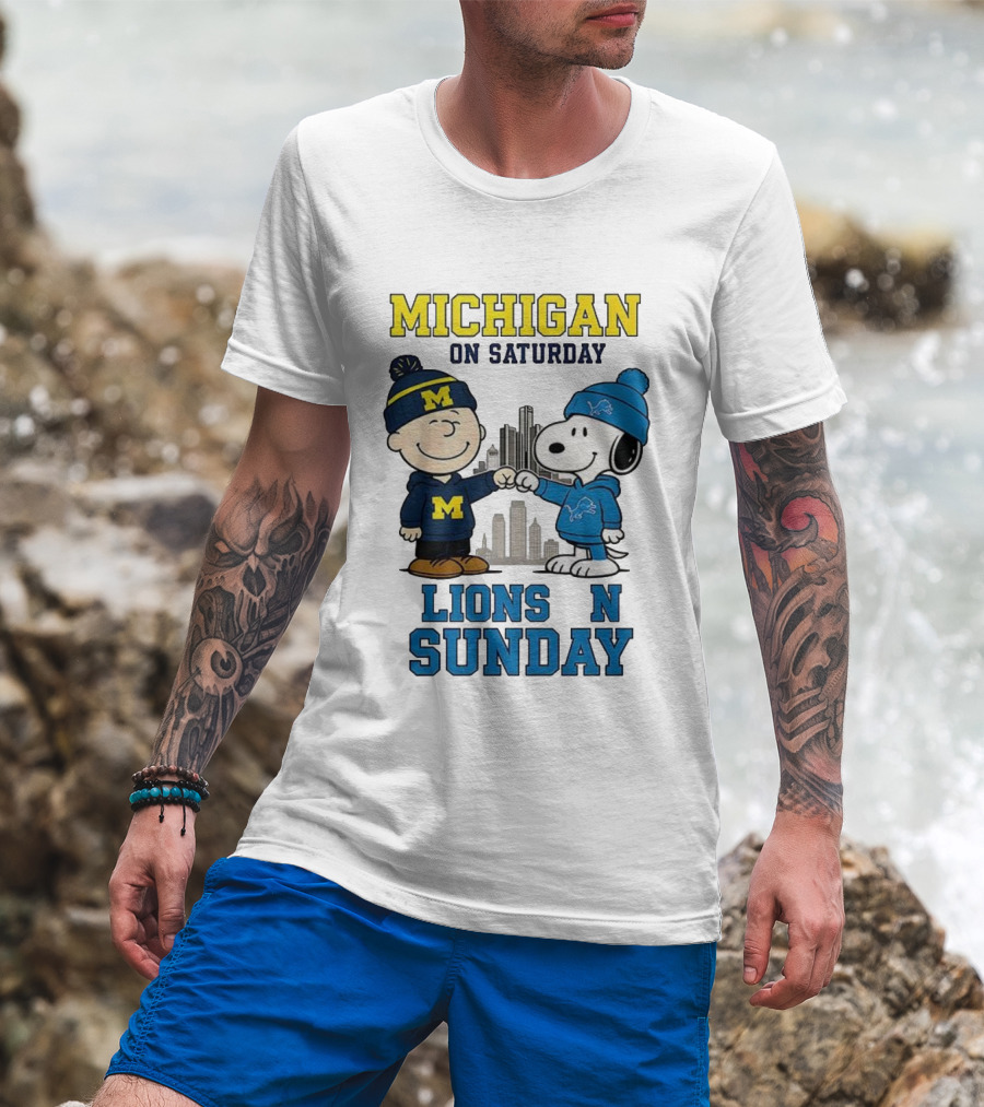 Michigan Wolverines On Saturday Charlie Brown And Snoopy Lions On Sunday T-Shirt