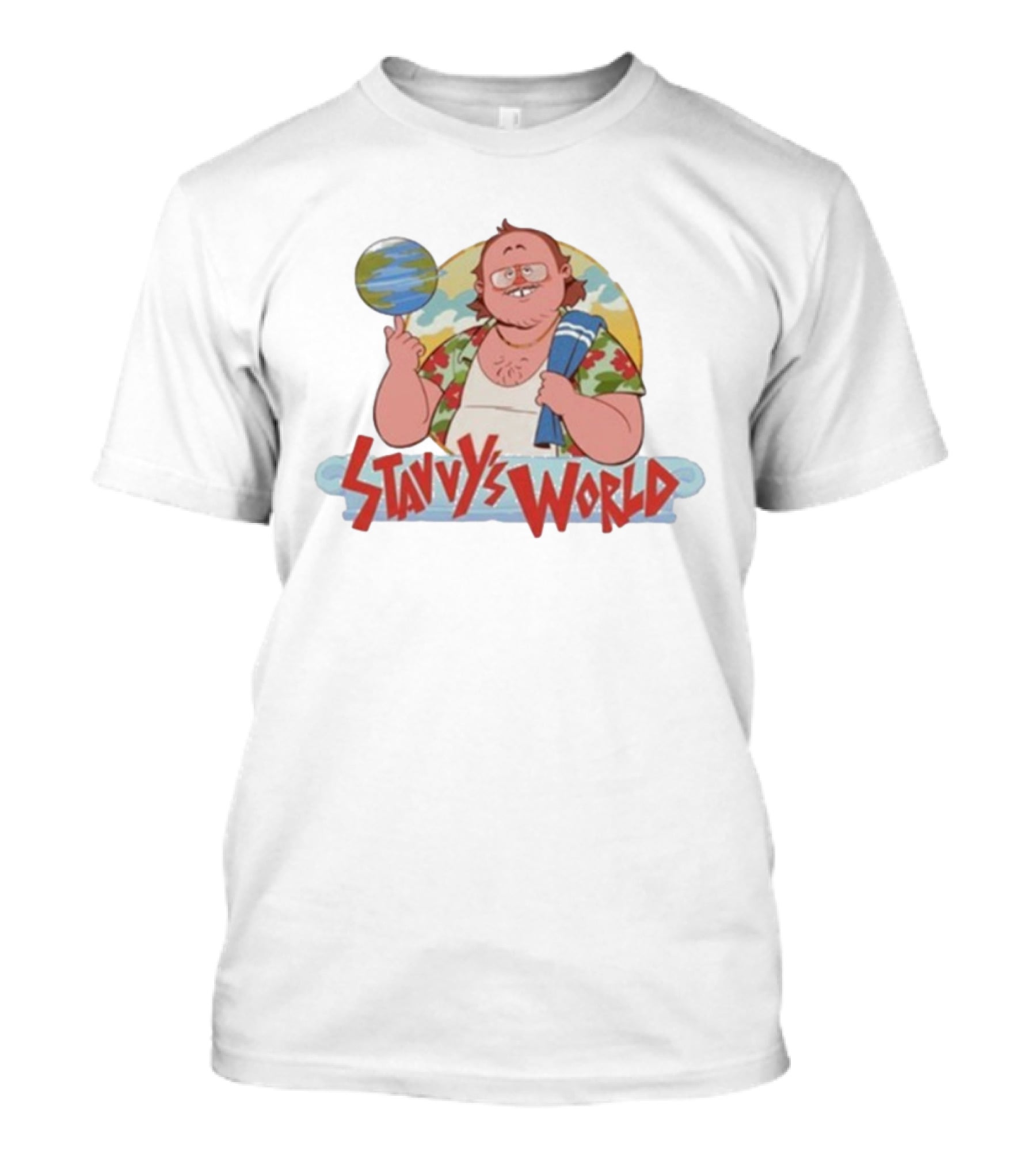 Stavvy's World Cartoon Style Adventure Stavros Halkias Comedic Character With Globe T-Shirt