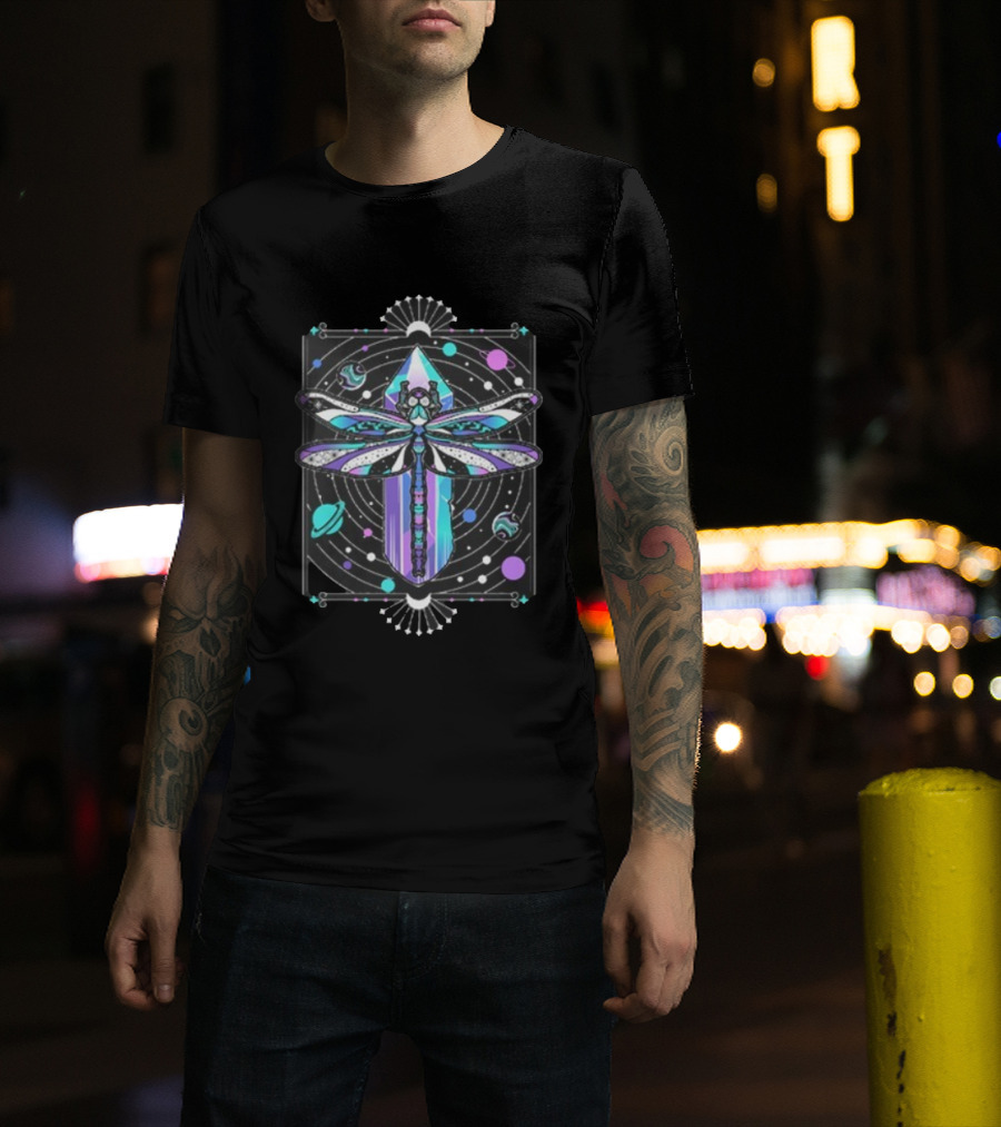 Inzo Soft Landing Psychedelic Dragonfly Crystal Space Planets T-Shirt