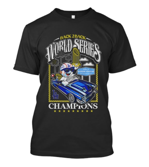 Back 2 Back World Series Champions Los Angeles Dodgers Dodger Stadium Vintage Car Celebration T-Shirt