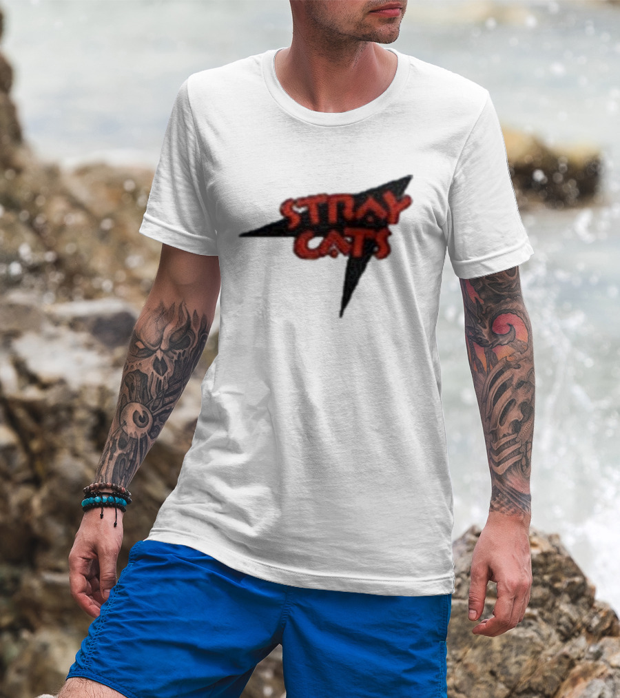 Stray Cats Rockabilly Band Red Text With Black Starburst Background T-Shirt