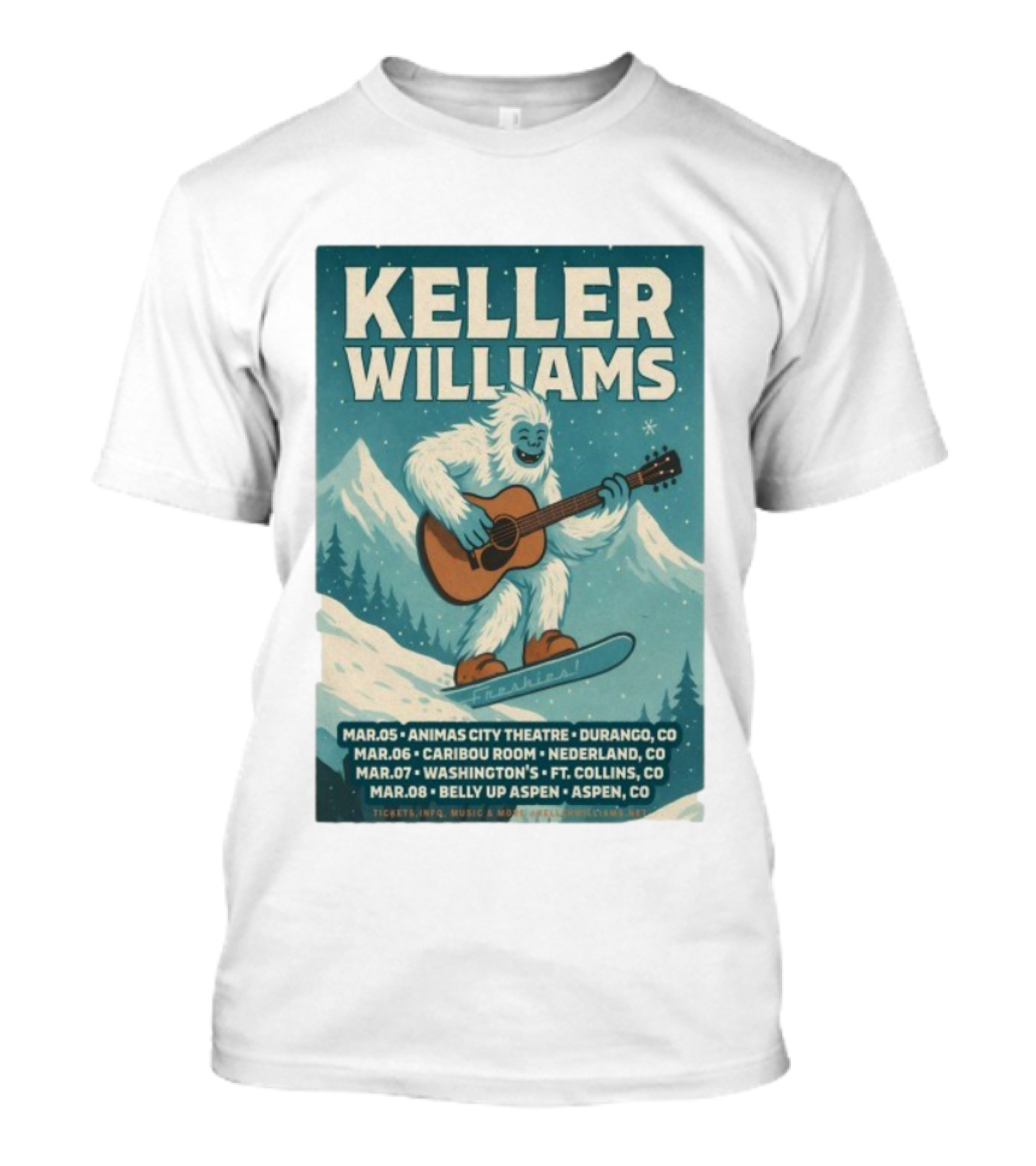 Keller Williams Winter 2026 Tour Guitar Ski Freshies Animas City Durango Caribou Nederland Washington's Fort Collins Belly Up Aspen T-Shirt