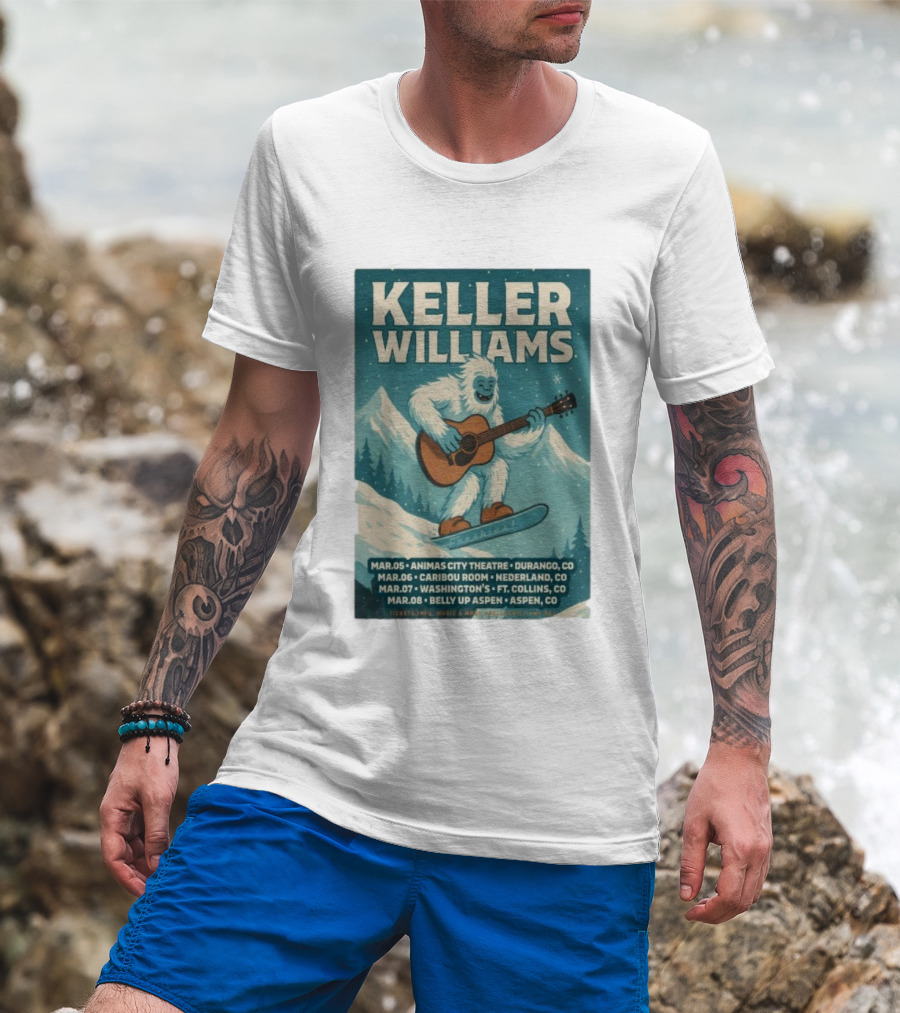 Keller Williams Winter 2026 Tour Guitar Ski Freshies Animas City Durango Caribou Nederland Washington's Fort Collins Belly Up Aspen T-Shirt