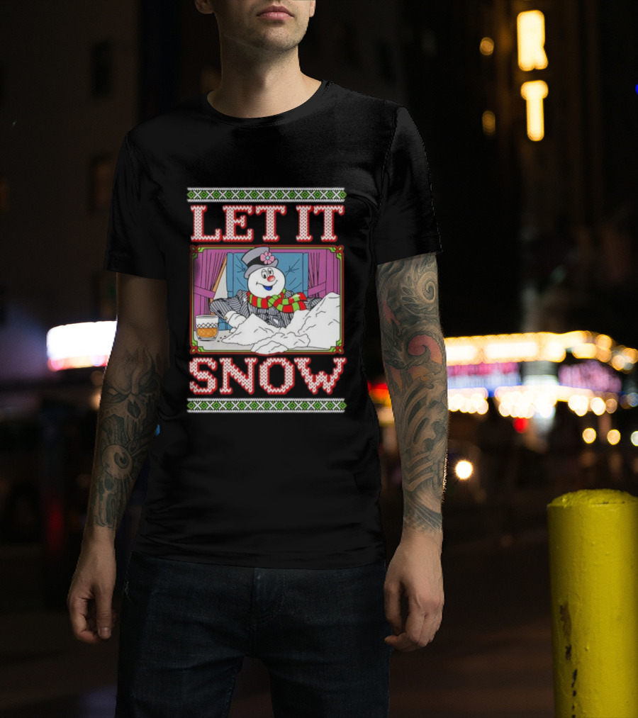 Let It Snow Christmas Snowman With Snow And Drink Scene T-Shirt
