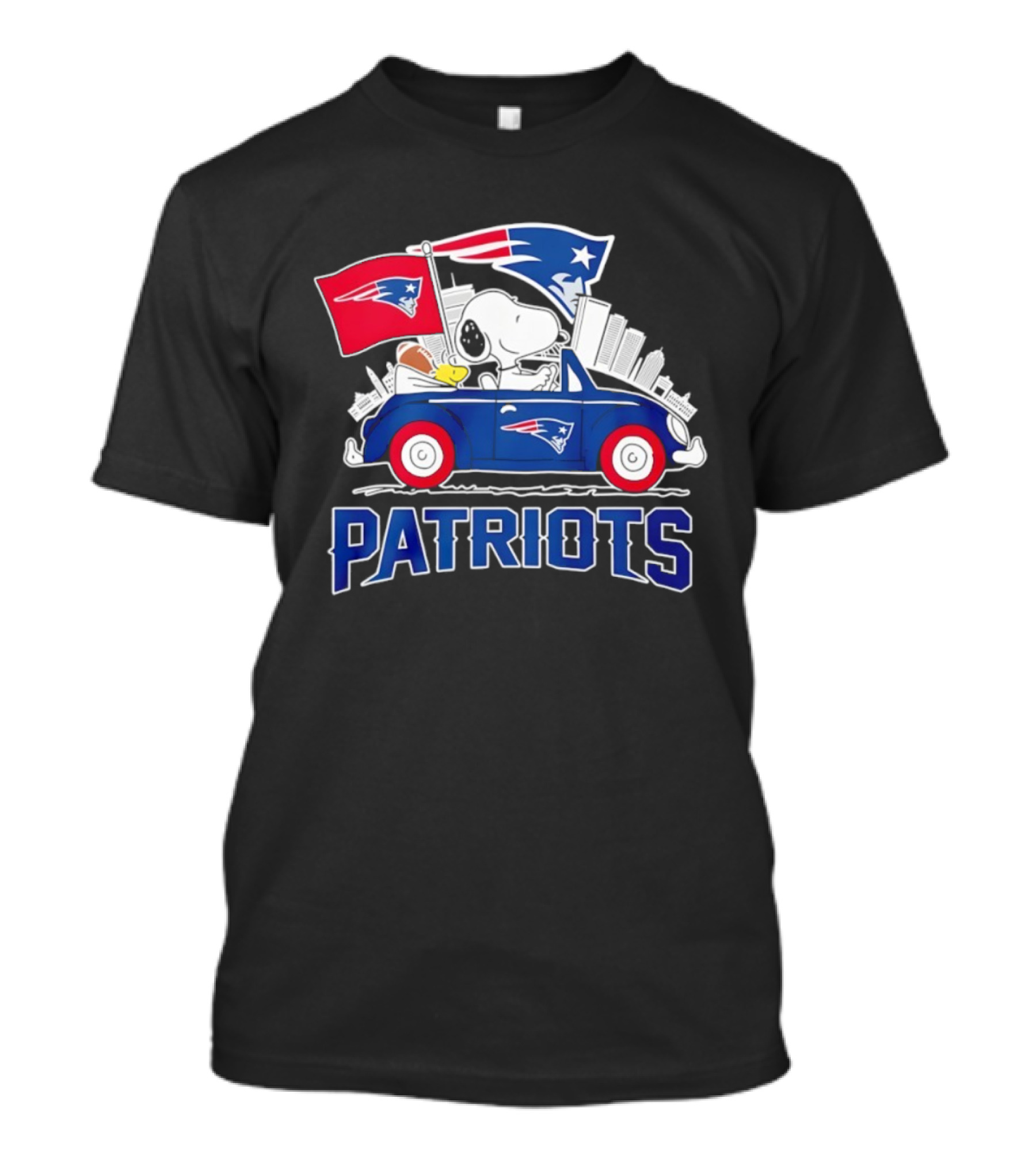 Patriots Snoopy Woodstock Driving Football Car Fan Gear T-Shirt