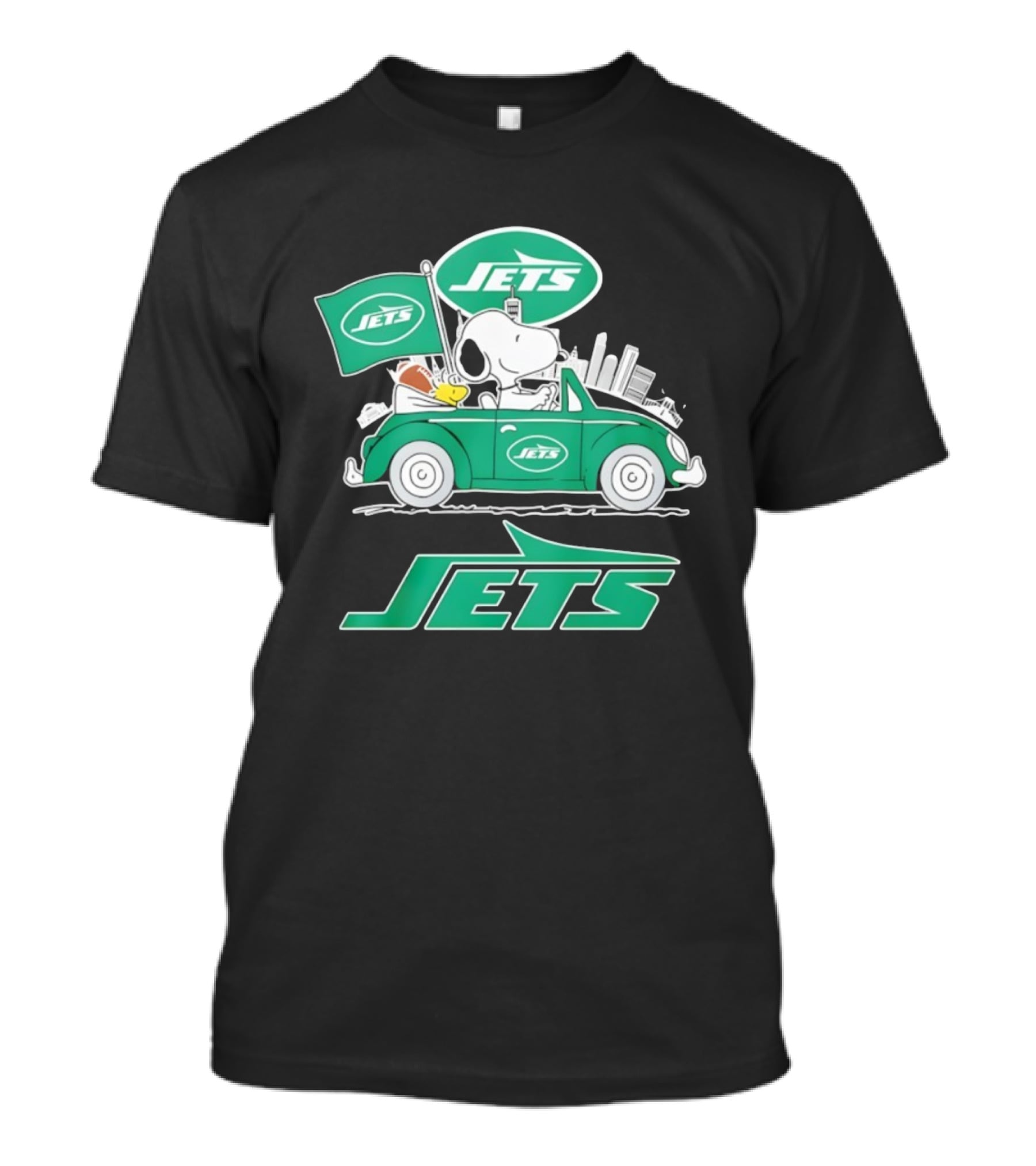 New York Jets Snoopy And Woodstock Driving City Adventure T-Shirt