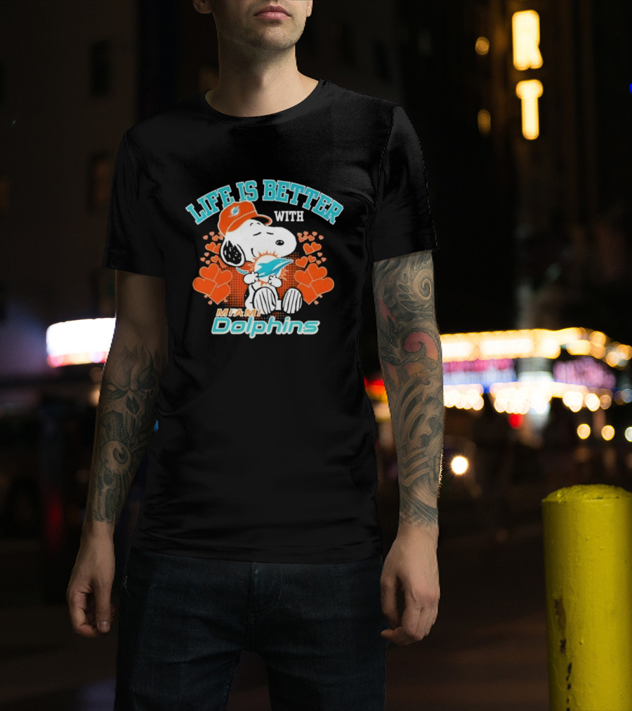 Snoopy Life Is Better With Miami Dolphins Hearts And Cap T-Shirt