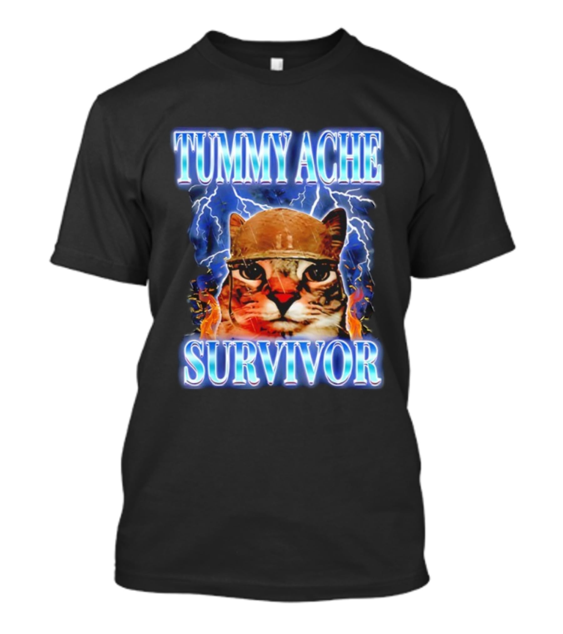 Tummy Ache Survivor Cat Meme Lightning Background T-Shirt