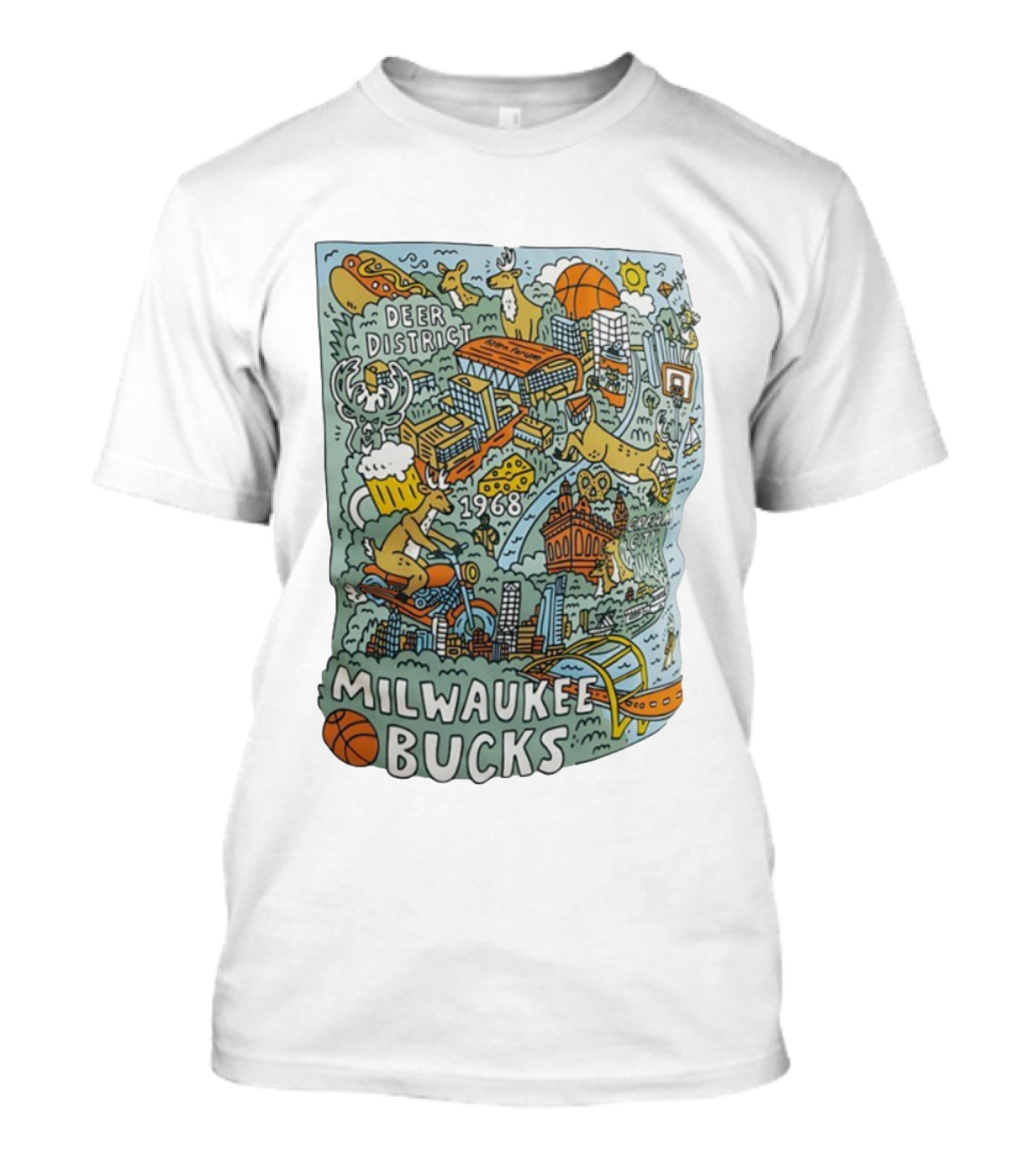 Milwaukee Bucks 1968 Deer District Basketball Cityscape 2025 26 Marvell T-Shirt