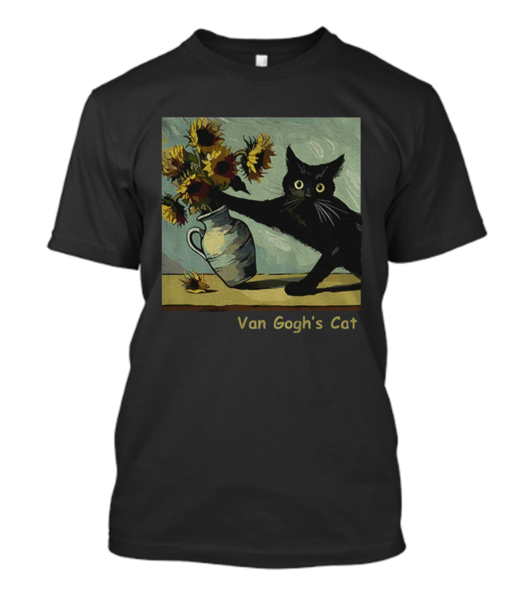 Van Gogh's Cat Sunflowers Funny Art Parody Cat Hugging Vase Painting T-Shirt
