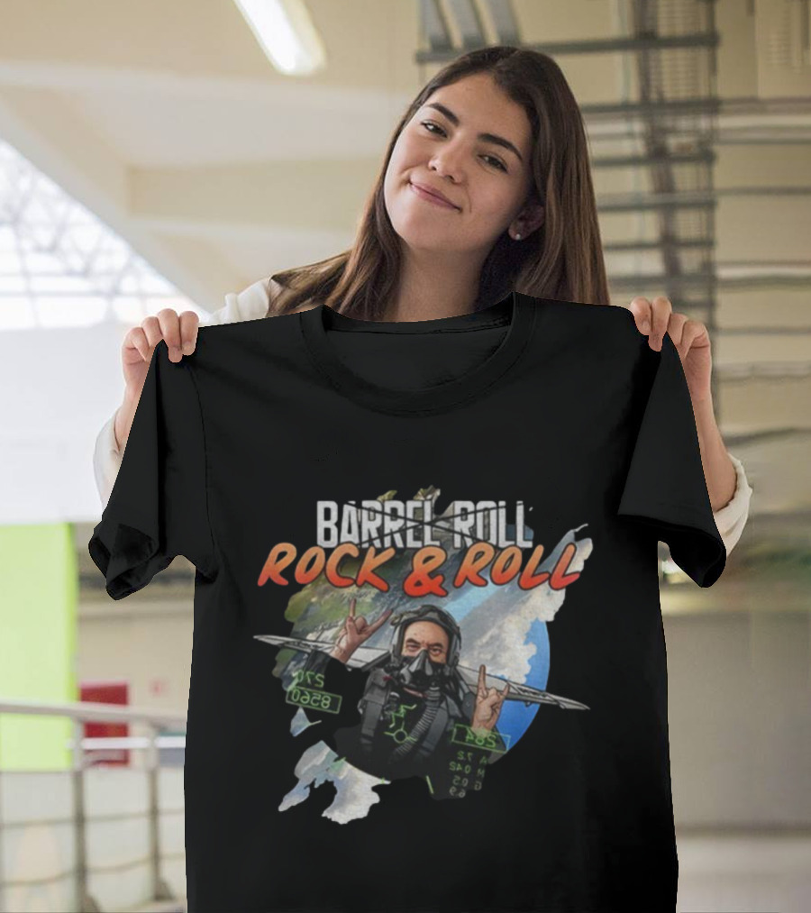 Barrel Roll Rock And Roll Pilot With Earth And Jet Background T-Shirt