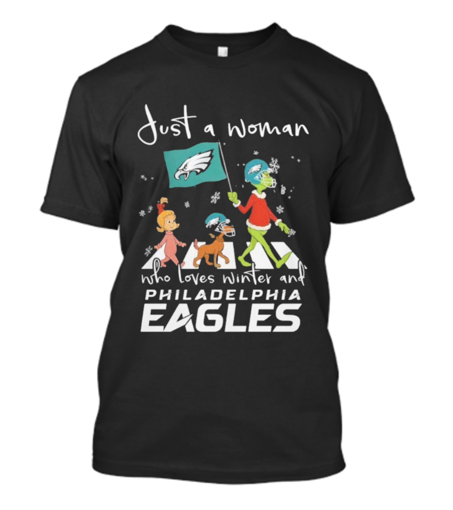 Just A Woman Who Loves Winter Philadelphia Eagles Grinch Cindy Lou Who Max Abbey Road Christmas T-Shirt