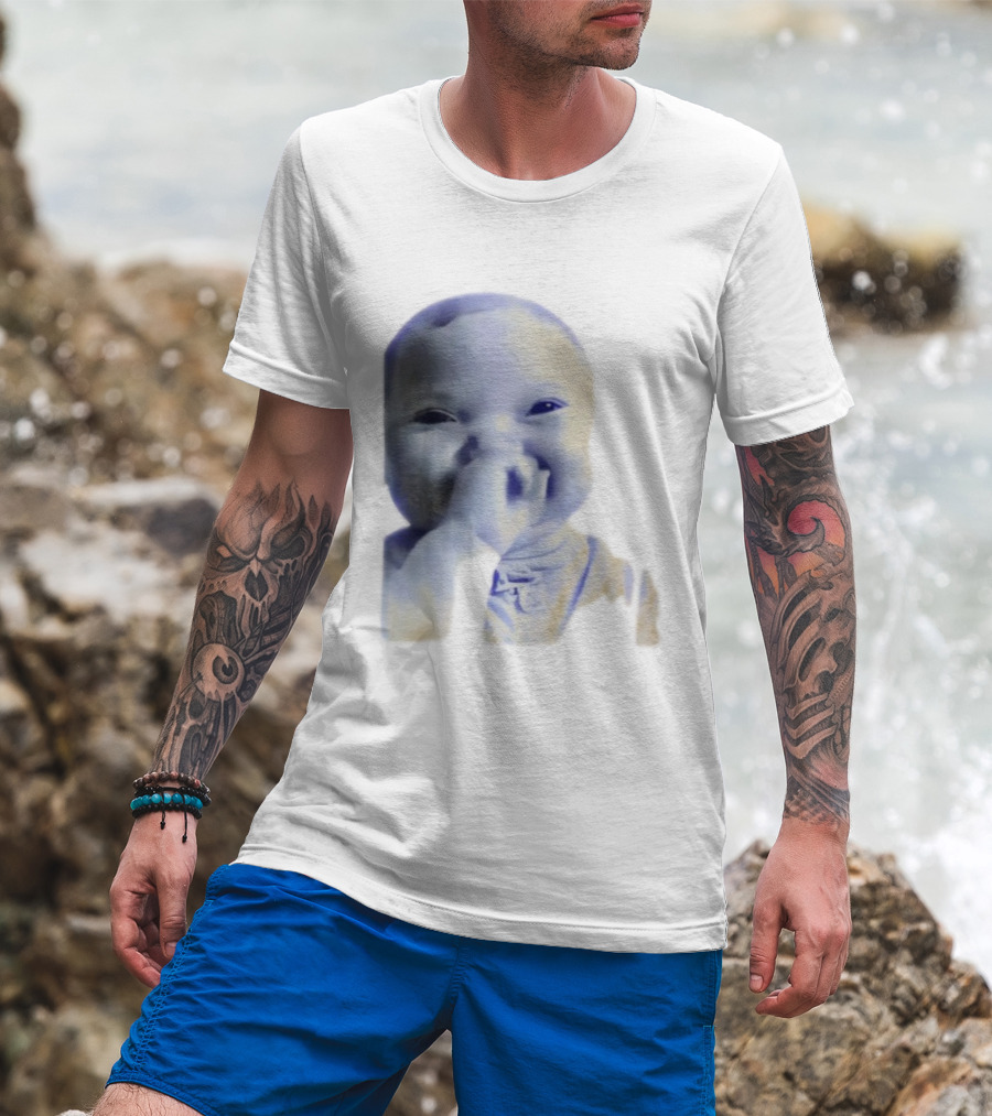 AI Baby Holding Laugh Meme Blue Tones T-Shirt