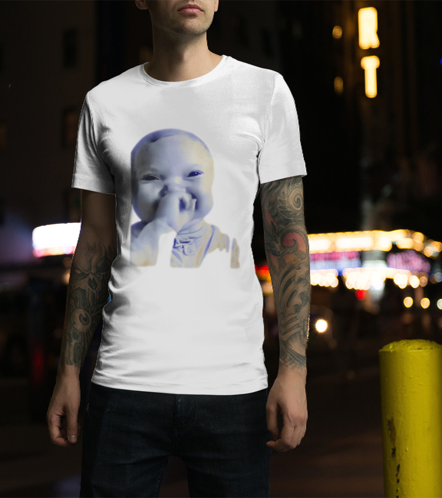 AI Baby Holding Laugh Meme Blue Tones T-Shirt