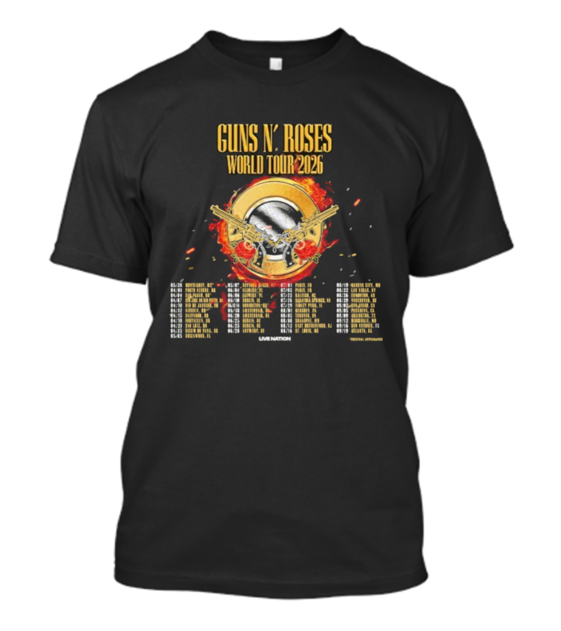Guns N Roses World Tour 2026 Dates Skull And Pistols Flame Logo T-Shirt