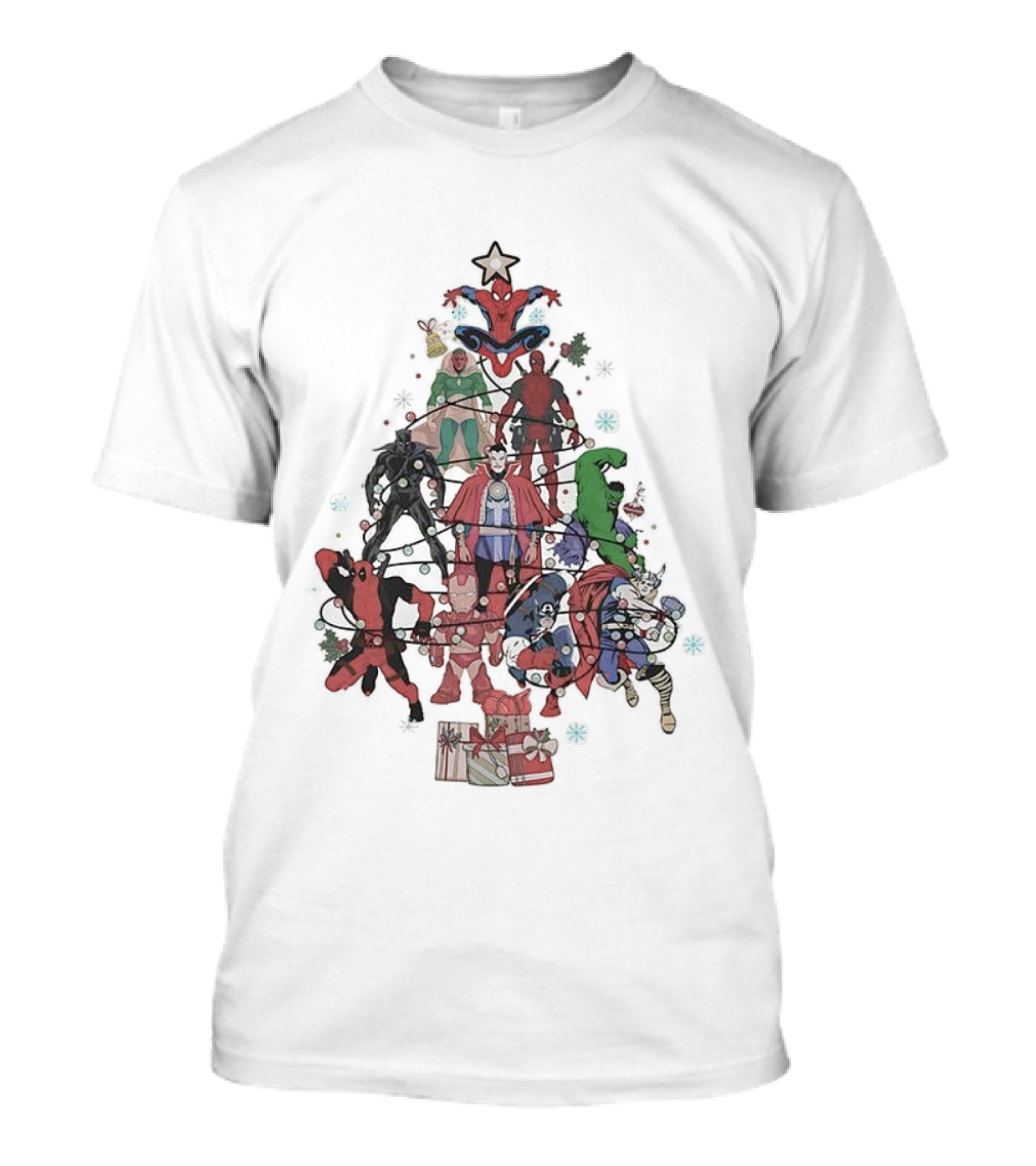 Marvel Superheroes Christmas Tree With Iconic Characters And Festive Star Topper T-Shirt