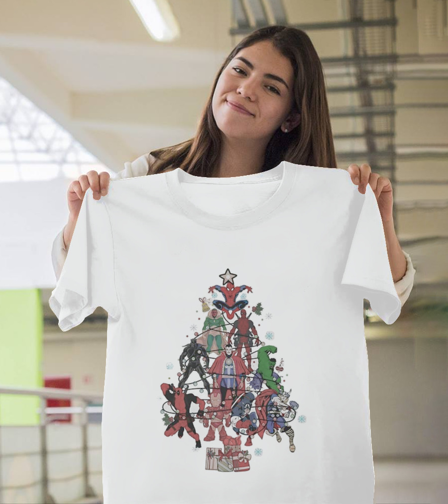 Marvel Superheroes Christmas Tree With Iconic Characters And Festive Star Topper T-Shirt