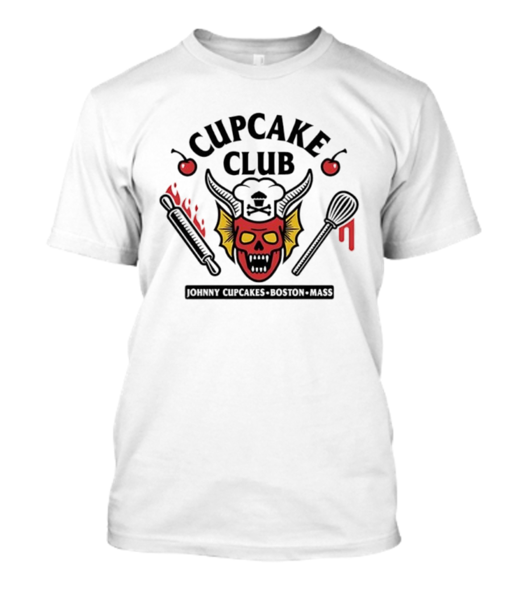 Johnny Cupcake Club Boston Mass Skull With Rolling Pin And Whisk T-Shirt