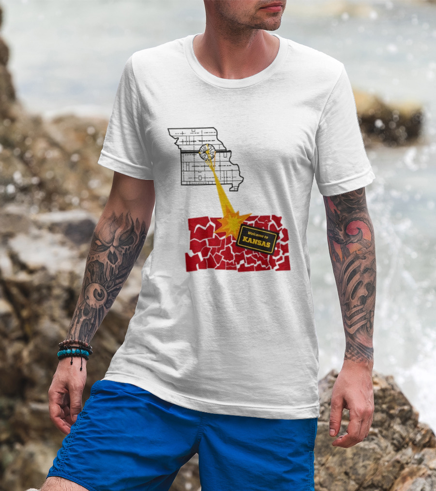 Missouri Map Blast Welcome To Kansas Sign Explosion T-Shirt
