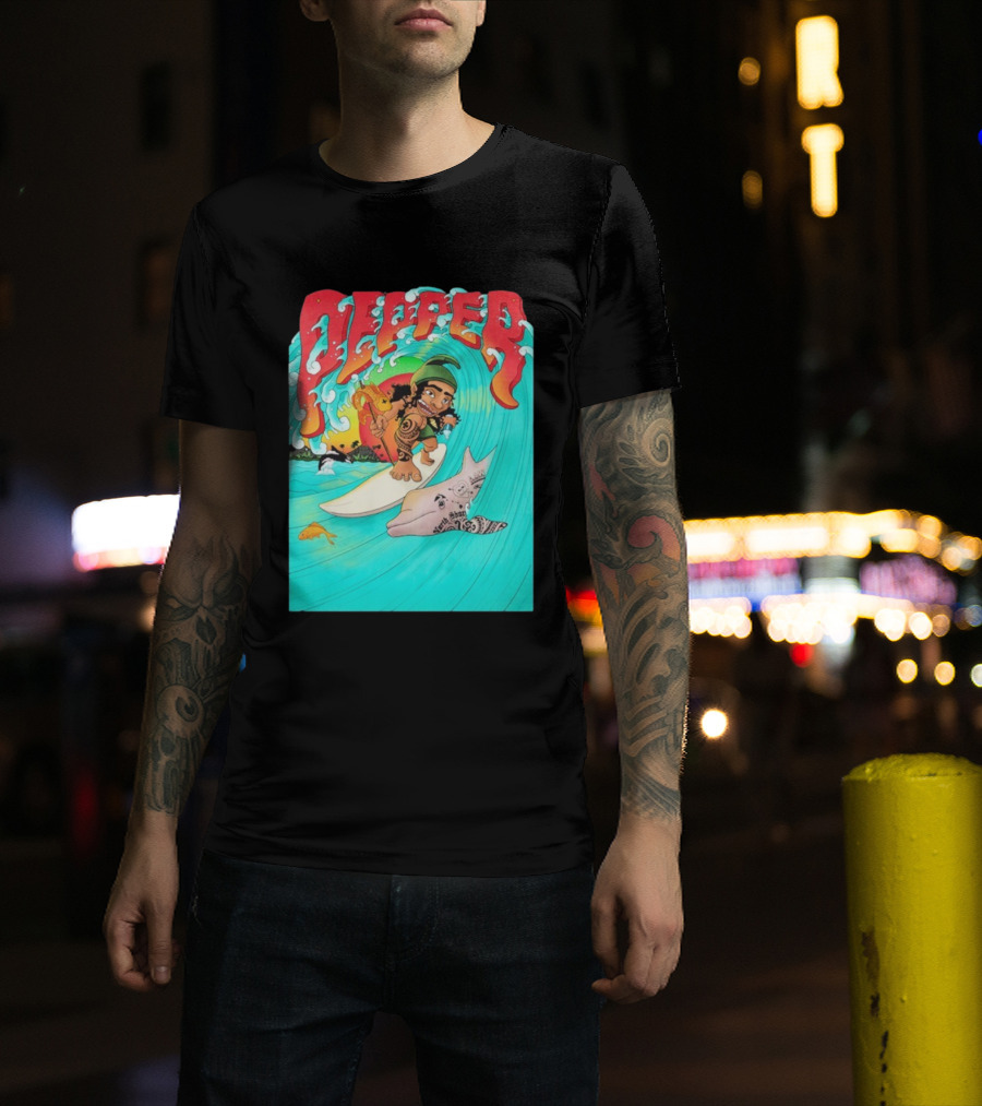 Pepper Surfer Riding Waves With Tattooed Dolphin T-Shirt