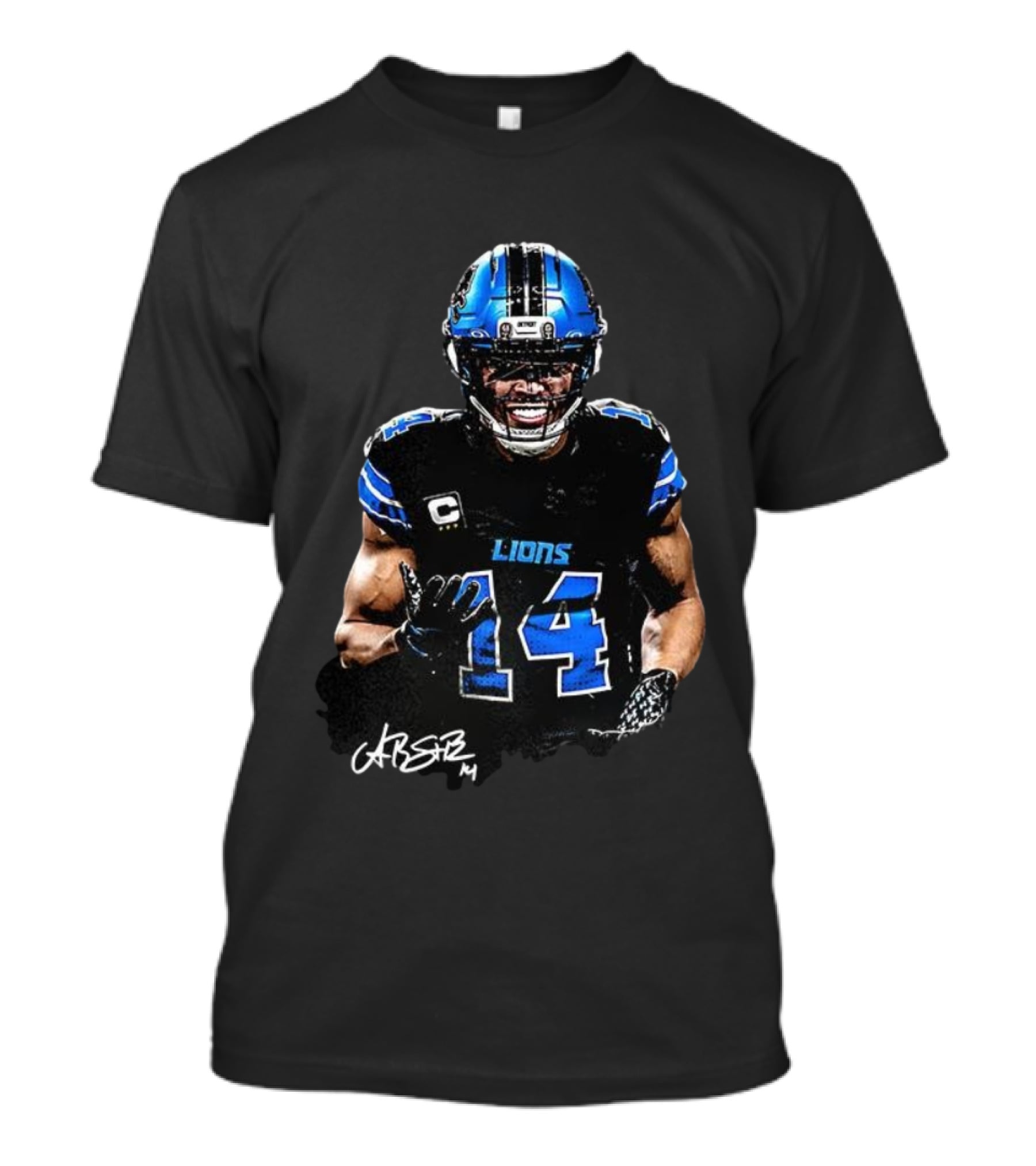 Amon-Ra St. Brown Lions Number 14 Signature Detroit Football T-Shirt