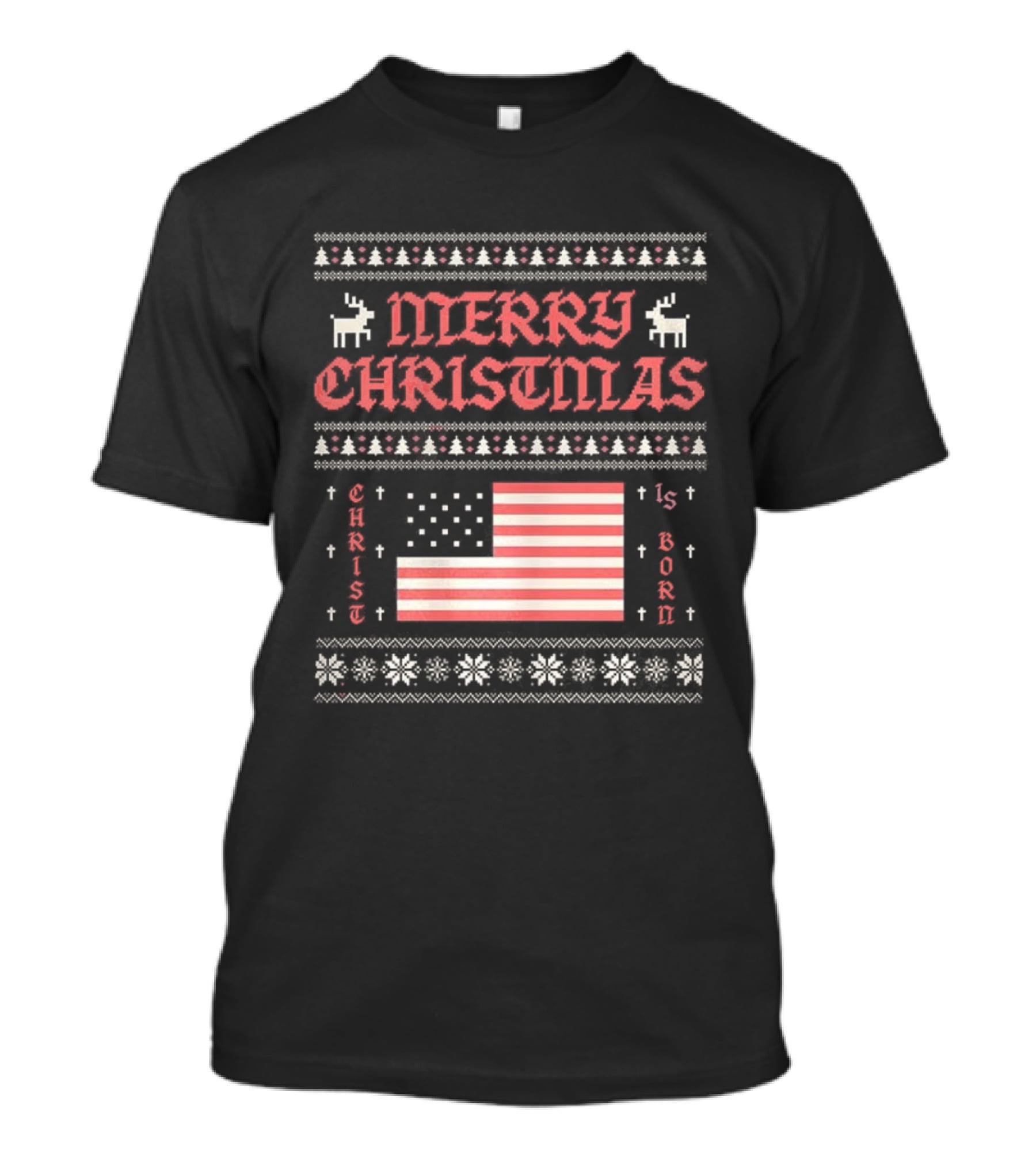 Merry Christmas 2025 Christ Is Born Ugly Pixel American Flag T-Shirt