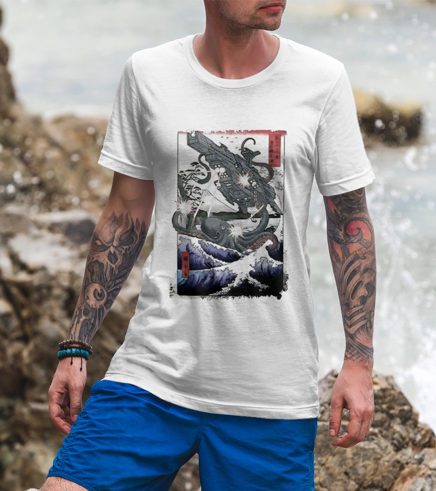 Octopus Vs Spaceship Ukiyo-e Japanese Art Style Clash T-Shirt