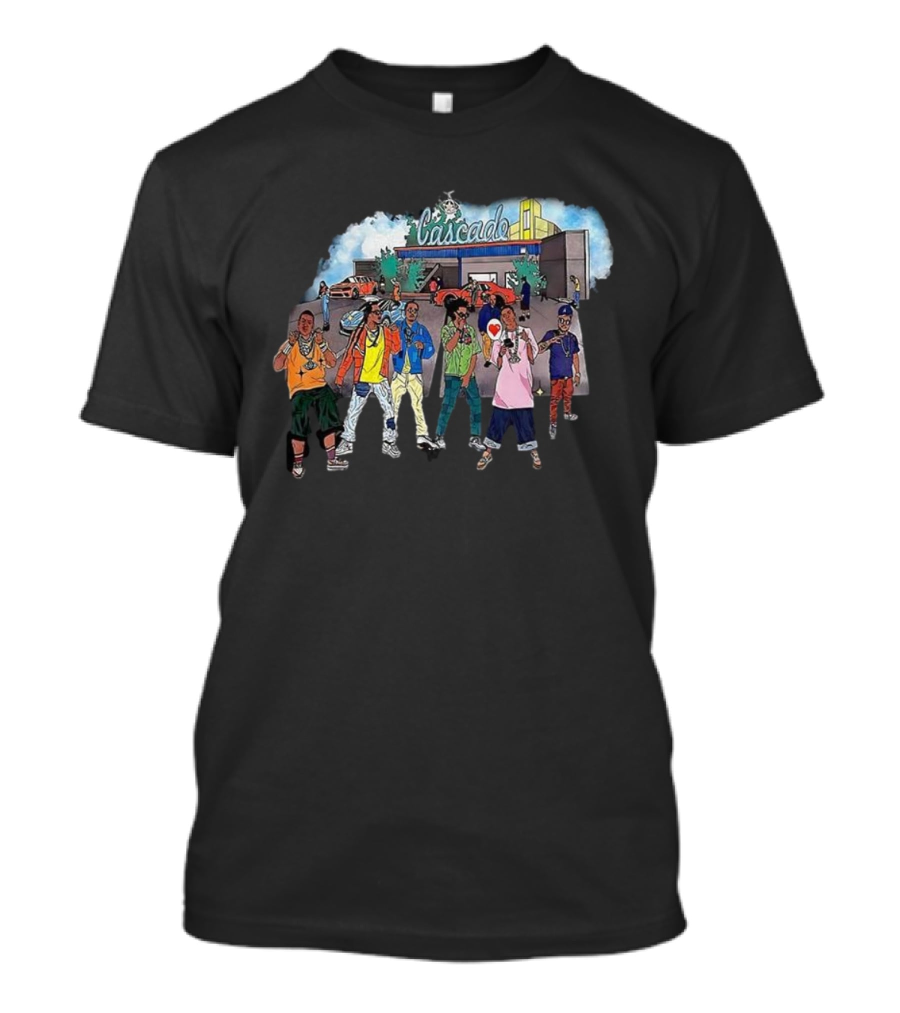Cascade Hip Hop Enthusiasts Cartoon Characters In Urban Scene T-Shirt